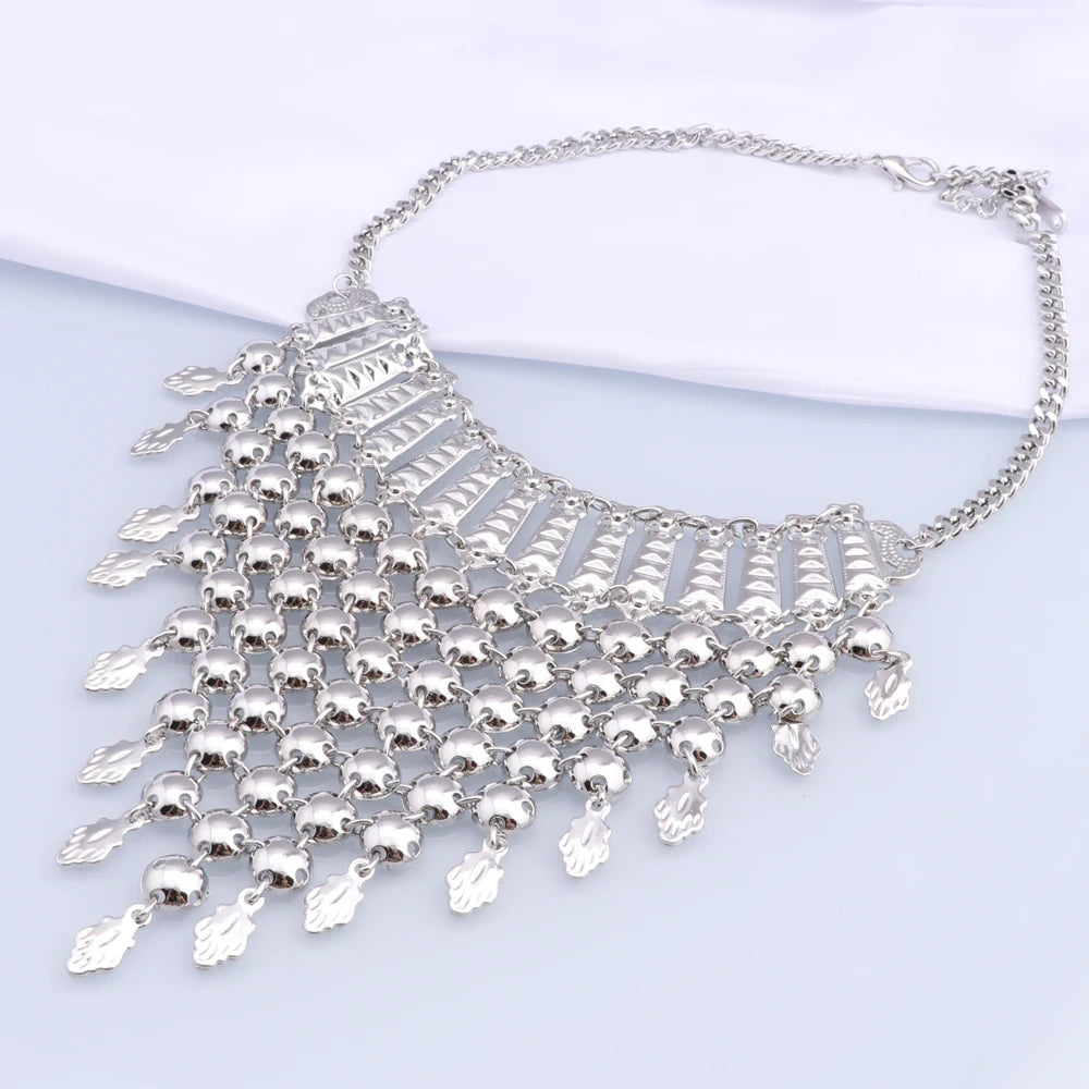 Novo Conjunto de Joias Banhado a Prata com Franjas, Colar, Brincos, Pulseira e Anel para Mulheres, Correntes de Noiva, Joias de Casamento Étnicas, Presentes para Noivas
