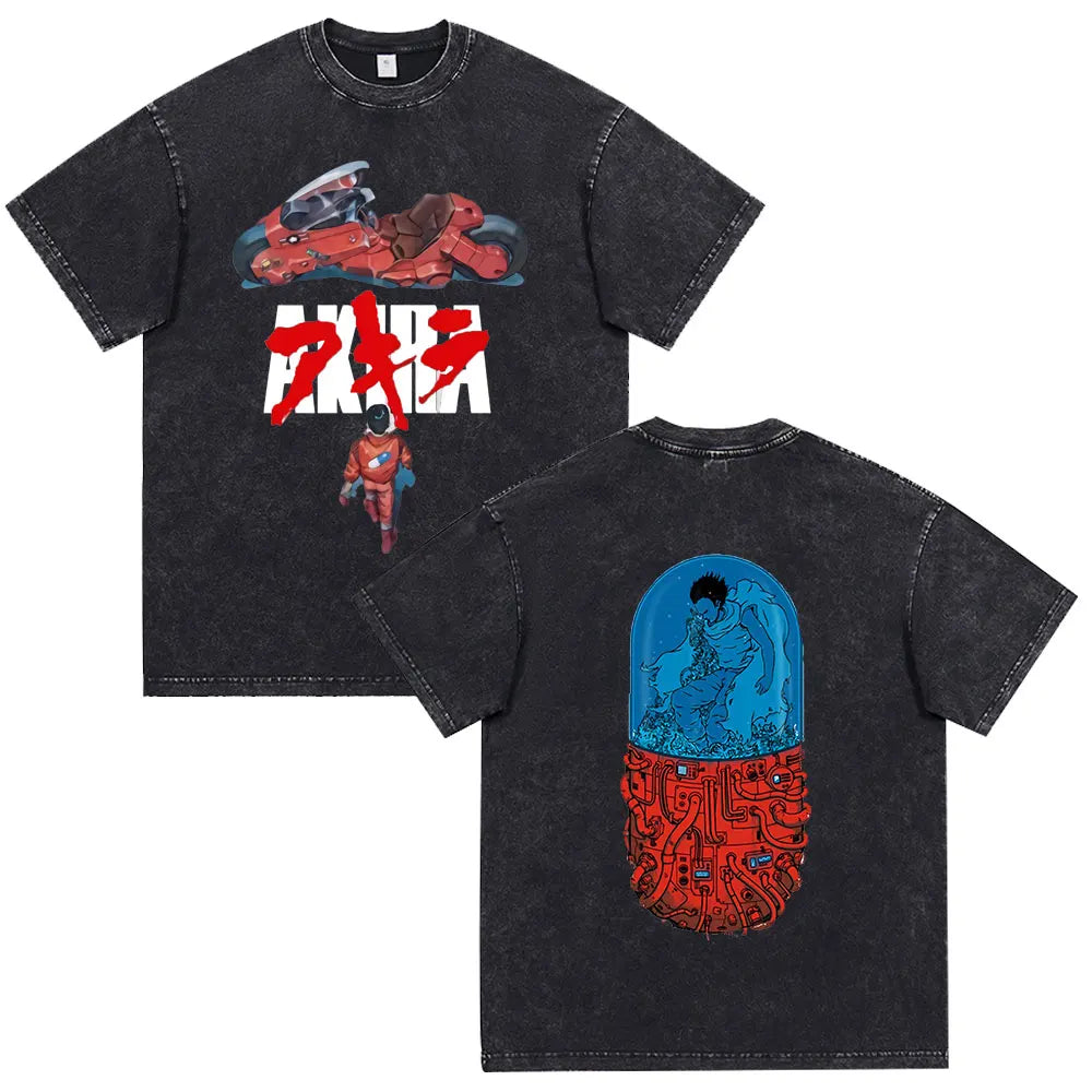Japanese Anime Akira Washed Vintage T Shirt Science Fiction Cartoon Movie Shotaro Kaneda T-shirt Men Women Cotton Casual T-shirt