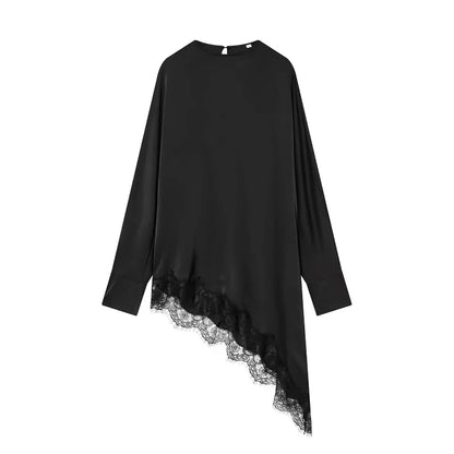 Women's Lace Blouse Asymmetric Long Black Blouse Woman Spring Elegant Plus Size Top Sweatshirt Long Sleeve Blouse Women