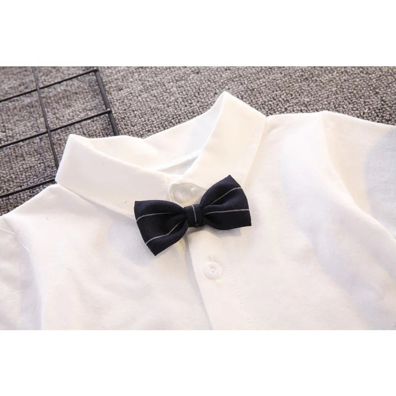 Gentleman Baby Boss Suit White Polo Shirt Stripe Straps Shorts Set 1st Birthday Outfit for Baby Kids Boys Wedding Party Tuxedo