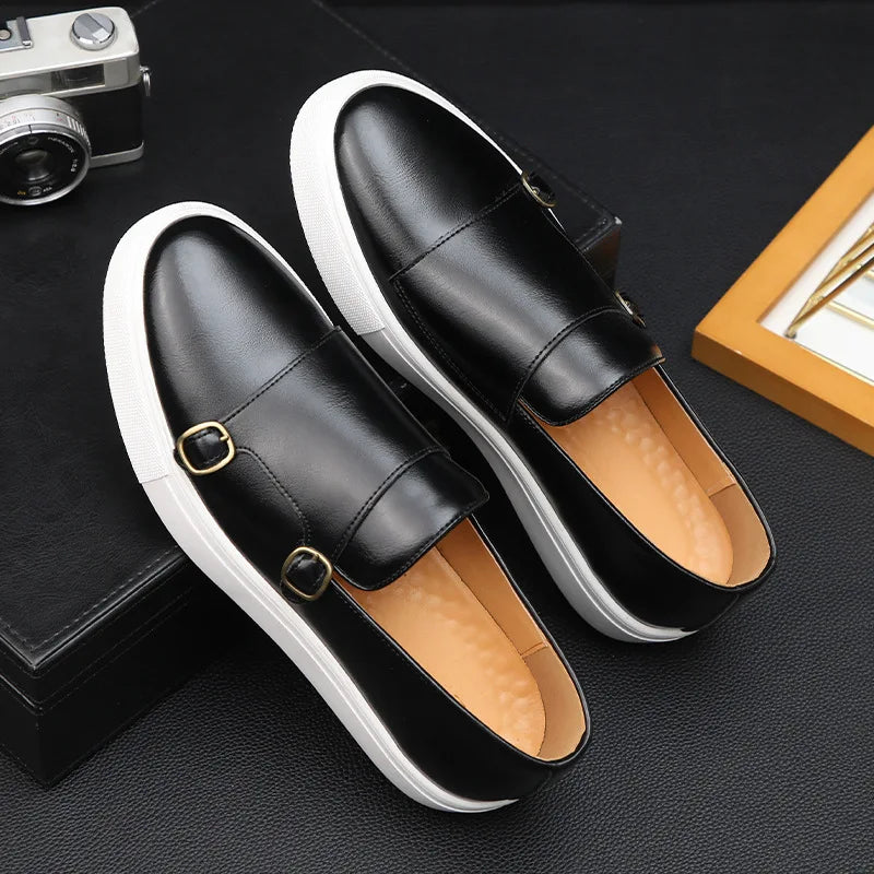 Fashion Men's Casual Shoes Snakeskin Grain Leather Men Retro British Style Loafers Monk Shoes Mens Slip-on Outdoor Driving Flats