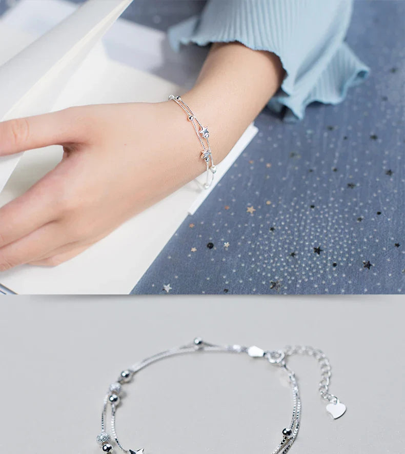 New 925 Sterling Silver Beads Ball Stars Double Layer Bracelet For Women Charm Bracelet Engagement Original Fine Jewelry