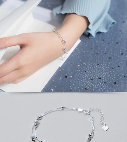 New 925 Sterling Silver Beads Ball Stars Double Layer Bracelet For Women Charm Bracelet Engagement Original Fine Jewelry