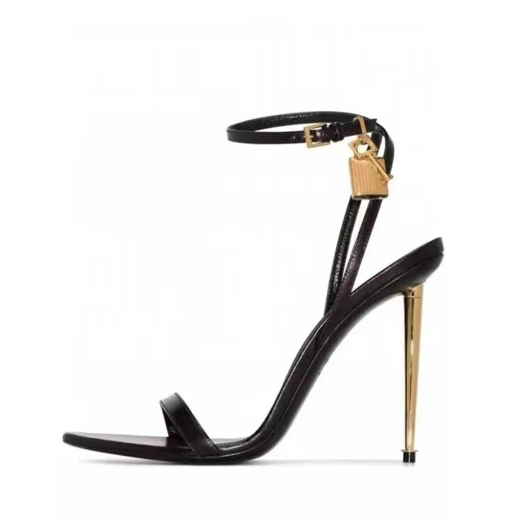 Summer New Concise 10cm High Heel Padlock Decorative Sandals European and American Fashionable Black Gold Women's Shoes 36-45