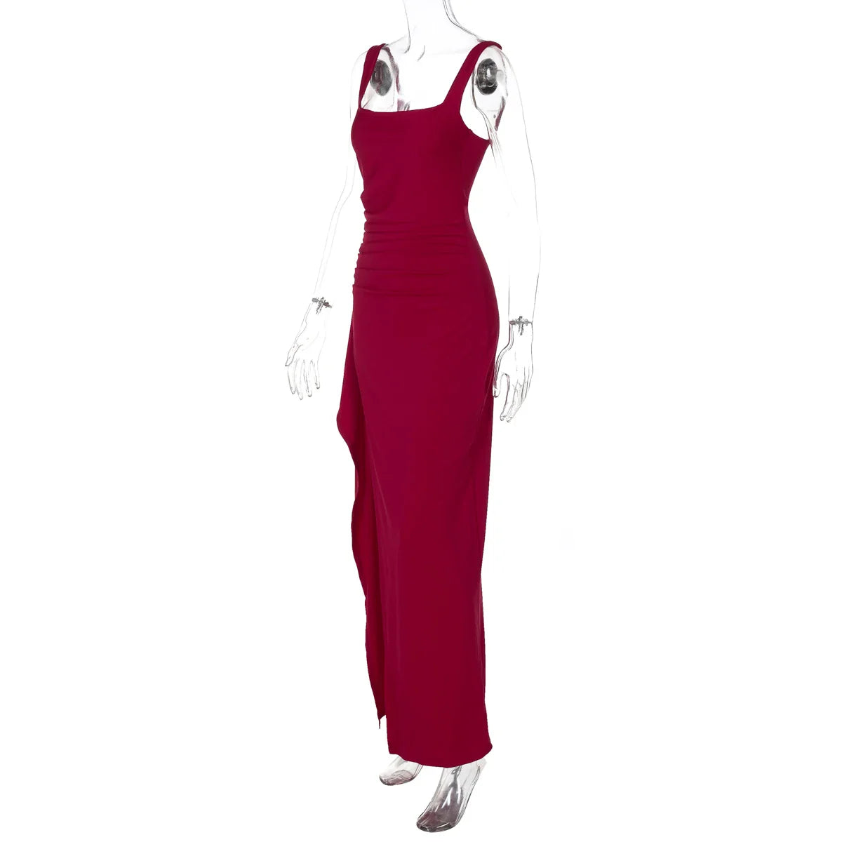 Women Elegant Solid Straps Slit Ruched Patchwork Sexy Bodycon Maxi Dress Summer Outfits Evening Party Birthday Festival