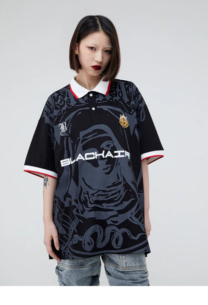 Hip Hop Streetwear Polo T-Shirt Virgin Mary Graphic T Shirt Men Polo Shirt Short Sleeve Harajuku Cotton Tops Tees Red Grey