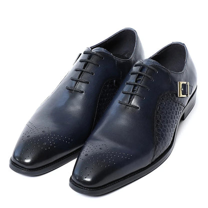 Classy Men's Genuine Leather Oxford Dress Shoes Blue Black Lace-up Brogue Pointed Business Wedding Party Formal Shoes for Men