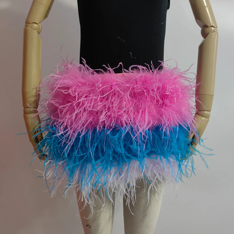 True ostrich feather Multicolor Mini Skirt Elastic Waist  Sexy Clothing Club Party Dance Rave Short Skirt Note select 3 colors