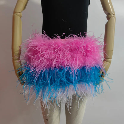 True ostrich feather Multicolor Mini Skirt Elastic Waist  Sexy Clothing Club Party Dance Rave Short Skirt Note select 3 colors