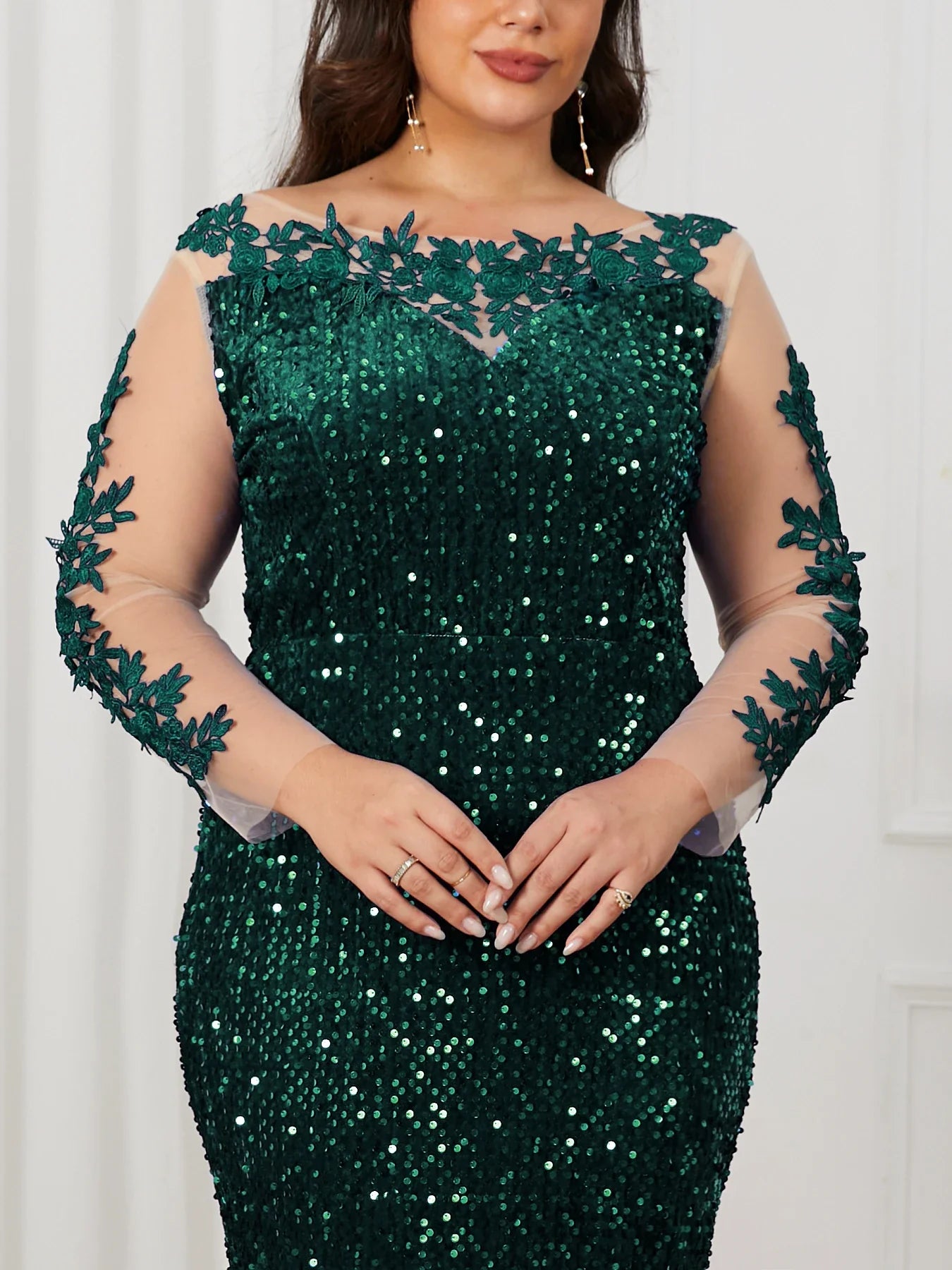 O Neck Curve Long Sequined Velvet Lace Evening Dress Prom Gown Floor Length Backless Maxi Dresses