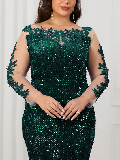 O Neck Curve Long Sequined Velvet Lace Evening Dress Prom Gown Floor Length Backless Maxi Dresses