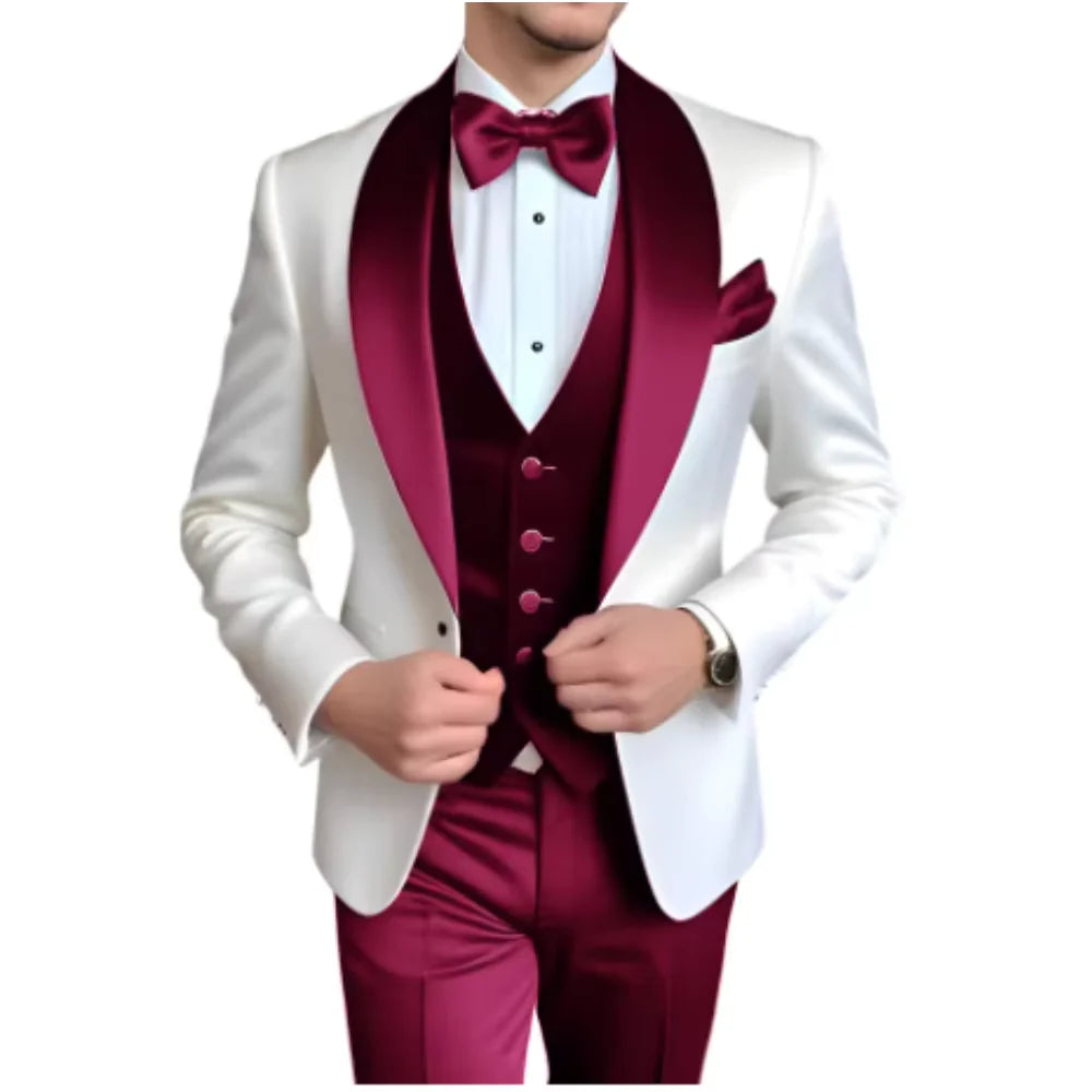 Solid Color Slim Fit Men's Tuxedo 3-Piece Set Fashion Business Wedding Suit with Shawl Lapel Blazer Vest Pants for Groom Party