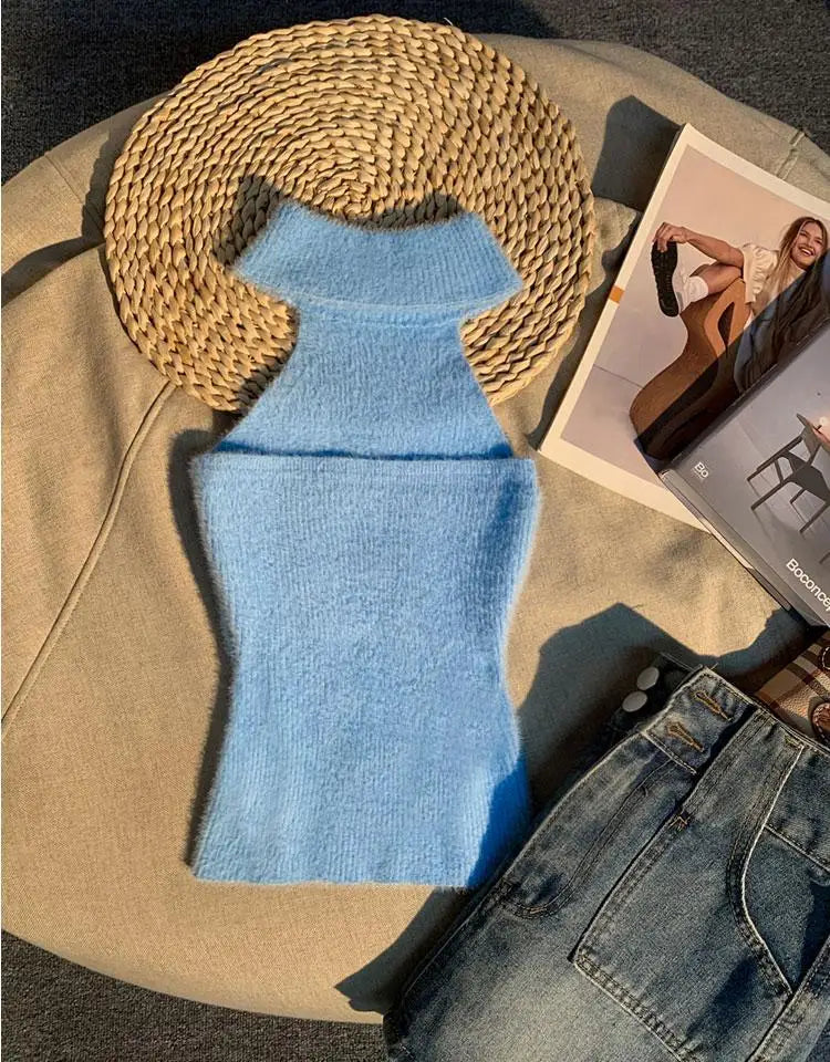 Spice Girl Hair Halter Neck Camisole Female Imitation Mink Inside Tank Top  Autumn and Winter Design Sense Knitted Bandeau Top
