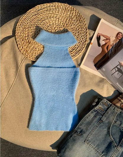 Spice Girl Hair Halter Neck Camisole Female Imitation Mink Inside Tank Top  Autumn and Winter Design Sense Knitted Bandeau Top
