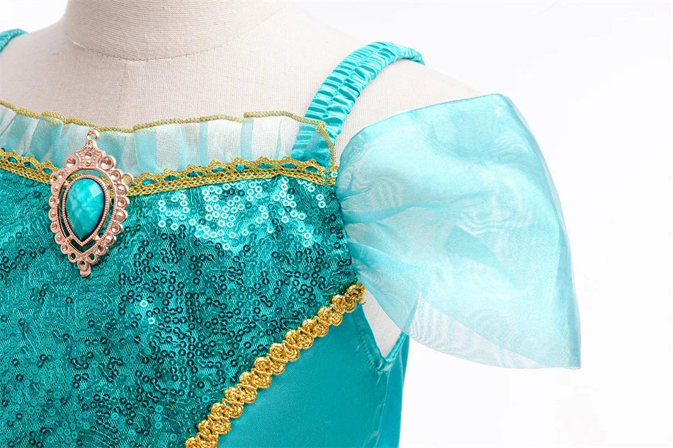 Aladdin Princess Girl Dress Jasmine Two-piece Set Kids Film Role Play Costume Halloween Party Clothes Children Birthday Gift