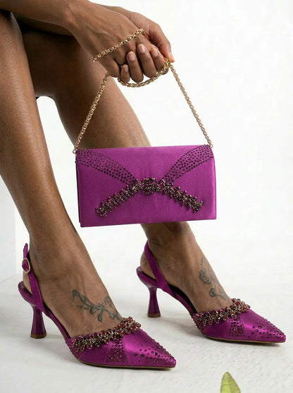 Italian Inspired Gold Rhinestone HAND CRAFTED UPPER Pointed Toe Women High Heels Shoes and Bag Set Elegant Party Shoes