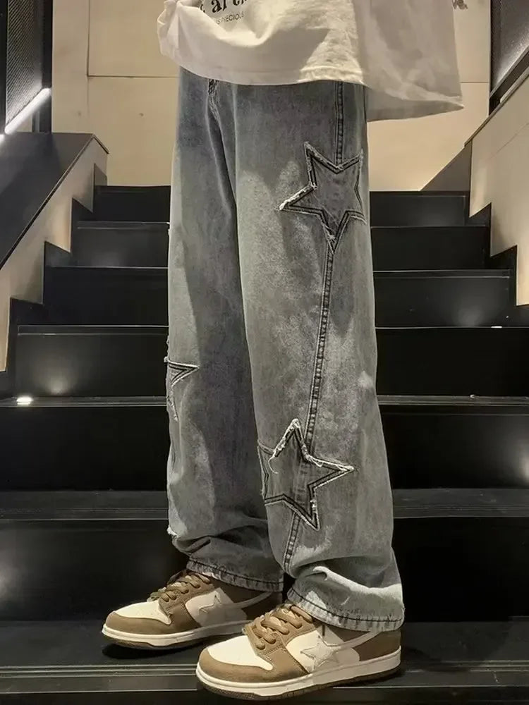 Star Embroidered Straight Casual Men's Jeans Y2K Gothic Unisex New Wide-leg Loose, Comfortable Fashionable Youth Street Jeans