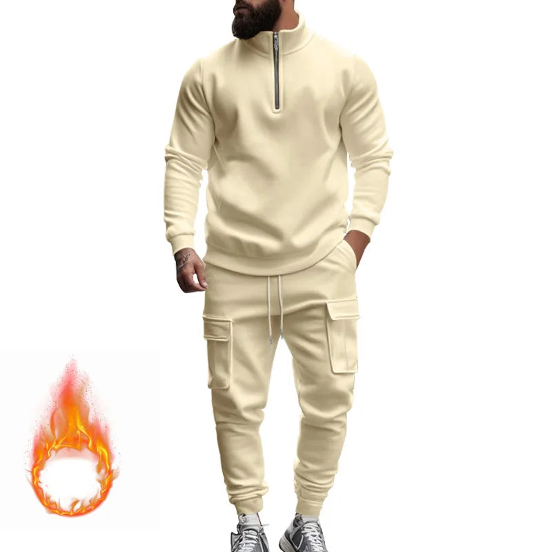 2024 autumn and winter men's casual velvet warm zipper sports trousers set