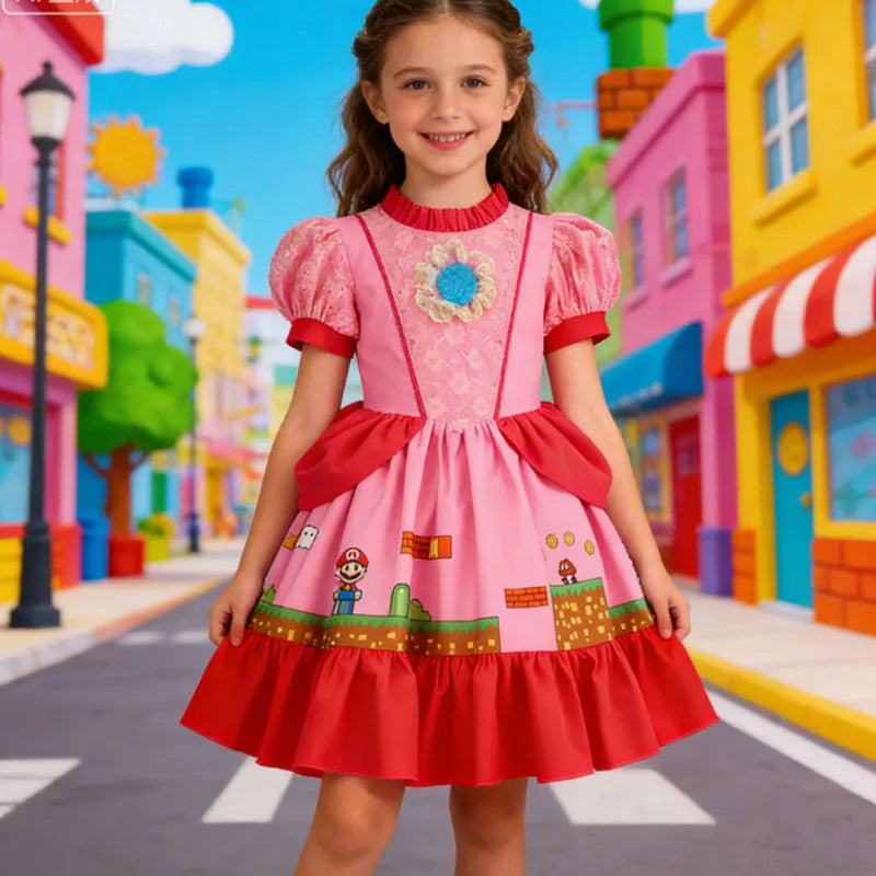 Princess Peach Costume Cosplay Jumpsuits For Girls Birthday Party Easter Carnival Performance Rompers Disguise Pink Clothing