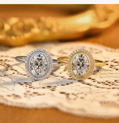 Oval Cut 2.0CT Moissanite Halo Engagement Ring for Women D VVS1 925 Silver 18K Gold Plated Luxury Band Wedding Jewelry