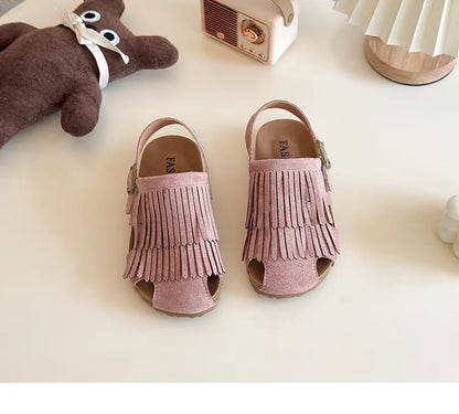 Summer Peep Toe Tassel Children Shoes Girls Sandals Soft Bottom Flat Heel Buckle Girl's Shoes Back Strape Slingbacks Shoe I05285