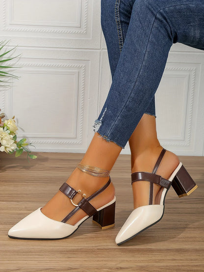 Women's Pointed Toe Block High Heel Sandals, Fashion Solid Color Slingback Shoes, Versatile Mid Heels