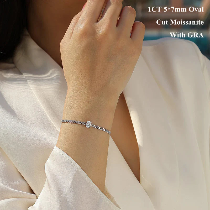 1CT Oval Cut D Color Moissanite Diamond Bracelet for Women 925 Silver Plated 18k Adjustable 16-21cm Cuban Link Bracelets