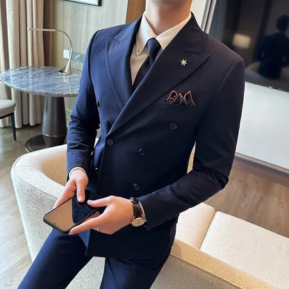(Jackets+Pants) Luxury Double Breasted Design Slim Fit Suit High Quality Fashion Men's Wedding Social Suit Tuxedo 2 Piece Set