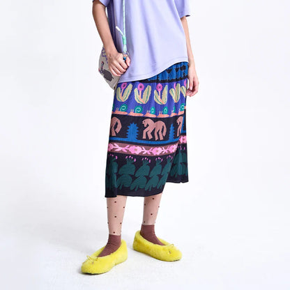 A-line Skirt 2026 Spring New Elastic Waist Colorful Floral Print Pleated Commuter Retro Style Skirt For Women 3ELC20607