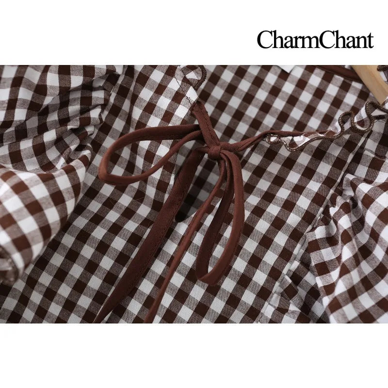 Women's Cotton Gingham Cropped Ruffle Tie Neck Blouse Spring Autumn 2026 Chic Modern Long Sleeve Shirt Tops for Woman
