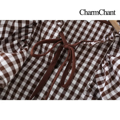 Women's Cotton Gingham Cropped Ruffle Tie Neck Blouse Spring Autumn 2026 Chic Modern Long Sleeve Shirt Tops for Woman