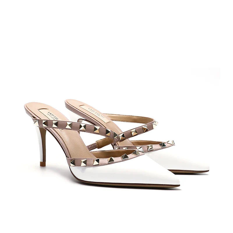 2025 New Genuine Leather Gladiator Pumps Sandals Luxury Metal Rivets Summer Women Outdoor Slippers Black Fashion High Heels 41