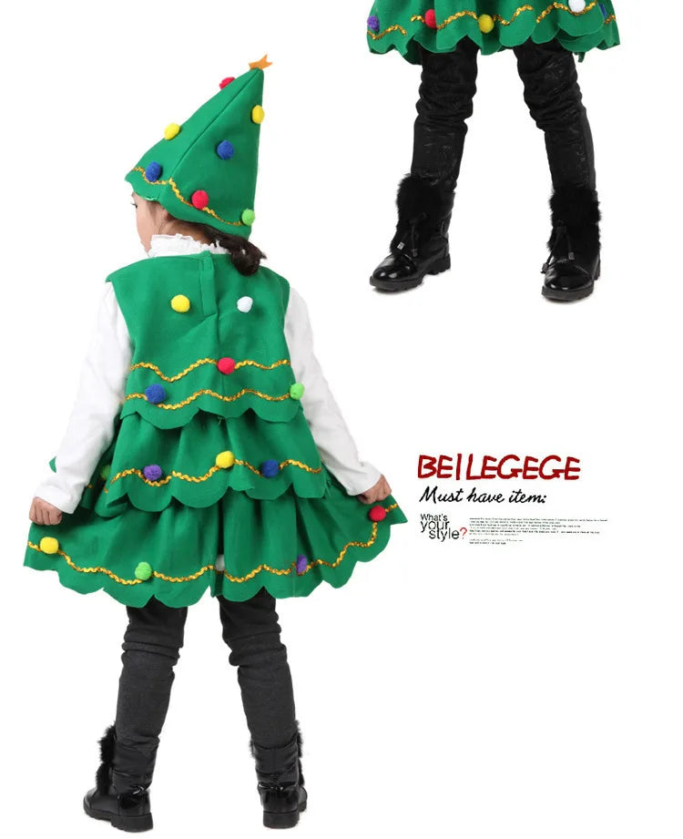 2024-2025 Girl Chritmas Tree Cosplay Costume 2 Pieces Set Dress+Hat Adorable Xmas Party Clothing Toddler St.Nicholas Day Apparel