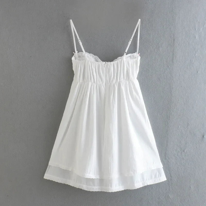 White Spliced Embroidery Lace Bra Corset style Mini Dress Women Backless Party Skater Short Sling Robe Holiday