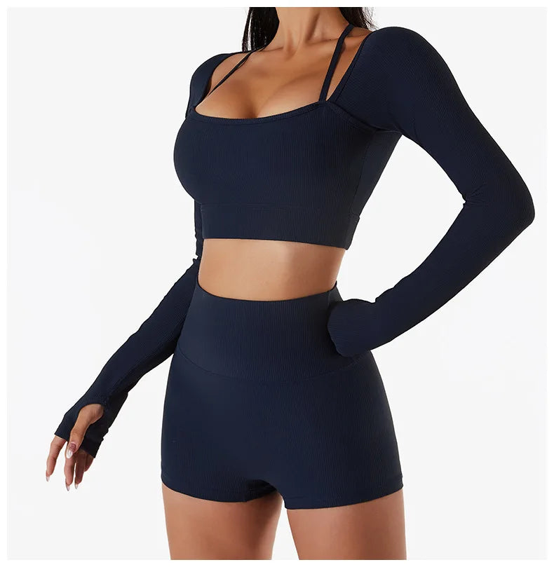 Women Yoga Set Gym Clothing Tracksuit Long Sleeve Crop Top One Shoulder Bra High Waist Seamless Leggings Fitness Sports Suits