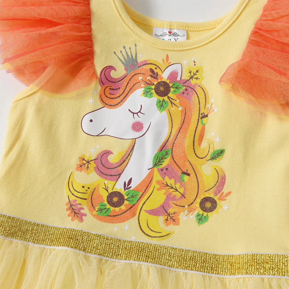 Kids Summer Vestidos Girls Flare Sleeve Mesh Tulle Layered Princess Birthday Party Tutu Dresses Girls Unicorn Print Dress