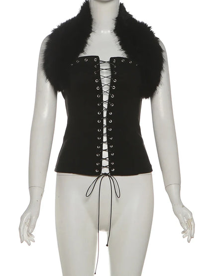 Furry Patchwork Sexy Tank Top Women Y2K Halter Backless Shirring Sleeveless Stretch Coquette Midnight Party Clubwear