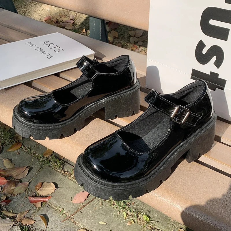 Patent Leather High Heels Mary Jane Shoes Women Japanese Style Ankle Buckle Platform Pumps Woman Punk Jk Uniform Lolita Shoes 43