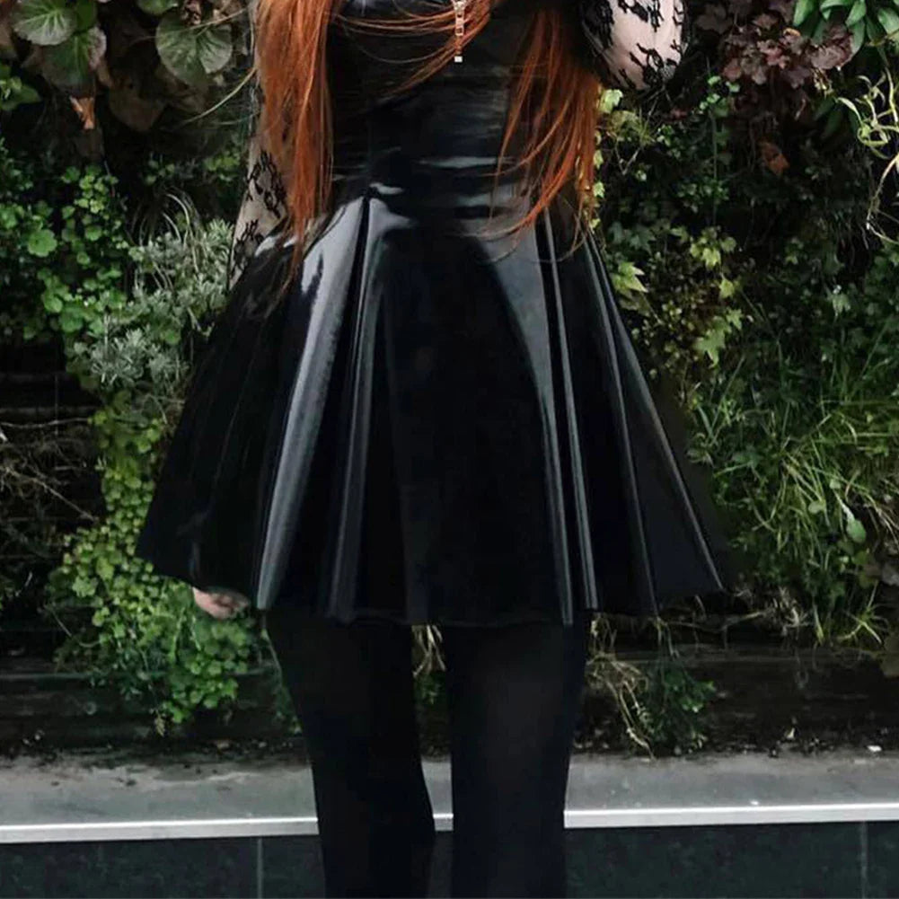 Women PVC Leather Skirt Pleated Short Skirt Flared A Line Skater Skirts Clubwear Dance Elastic Latex Mini Glossy Short Dress