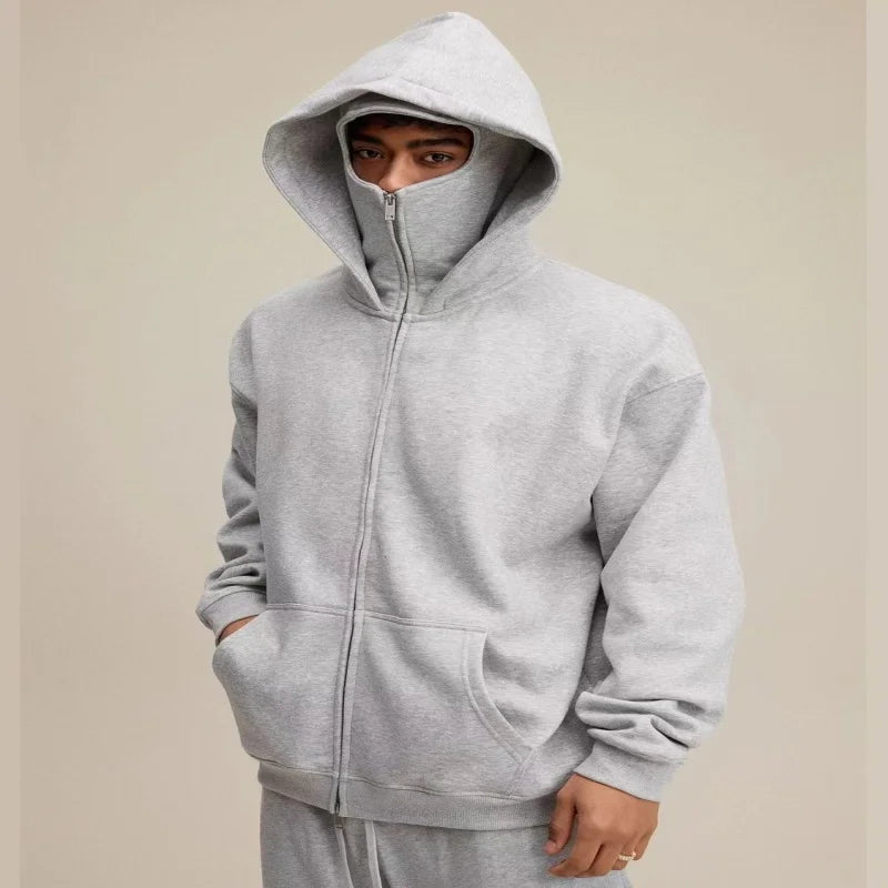 Unisex Hoodie Warm Loose Hooded Jacket Zip-up Casual Jacket with Face Mask for Autumn Winter Outdoor Sports Streetwear