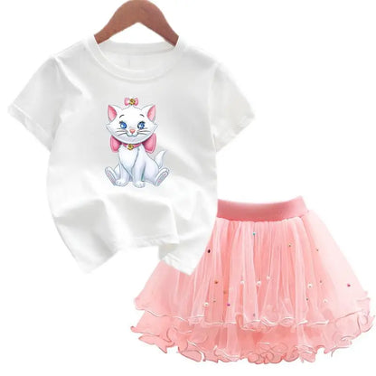 The Aristocats Marie Cat 2Pcs/Set Girl Dress Kid Birthday Clothes Party Princess Dress T-shirt+Tutu Skirt Summer Christmas Gift