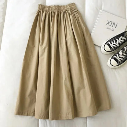 NEW Women's White Long Skirt High Waist A-Line Knee-Length Fashion Pockets Pleated Casual Elegant Skirts for Autumn