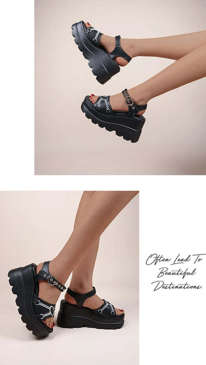 35-42 Plus Size Fashion Slope Heel Women Metal Chain Decoration Sandals Female Platform Buckle Shoes Women's Sandals Tide Shoes