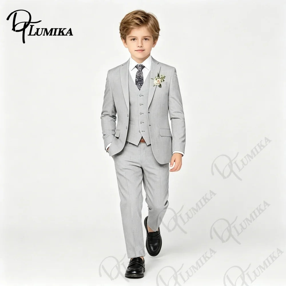 Boys’ Slim Fit 4-Piece Gray Suit Set for Weddings & Formal Events