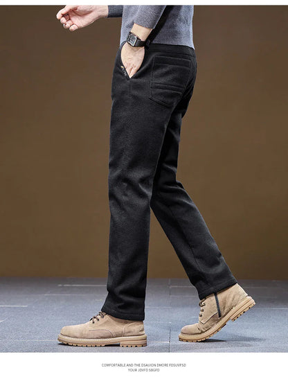 Men's Winter Casual Pants Thick Fleece Warm Elastic Waist Straight Slim Trousers Light Business Comfort Daily Wear Thermal Pants