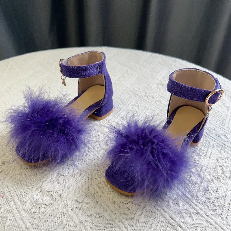 New Girls Low-heels Sandals Summer Fluffy Kids Princess Catwalk Shoes Open-toe Versatile Children Fashion Wedding Party Sandals
