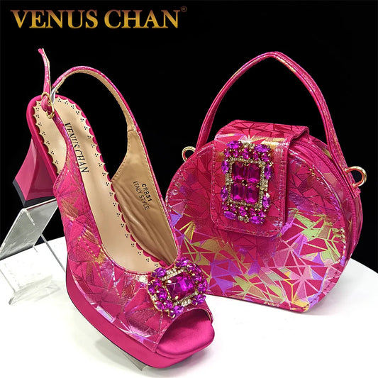 Elegant Women Heels for Peep Toe Good Material Design Rhinestone Fuchsia Sandals Italian Shoes and Bags Matching Set 2025