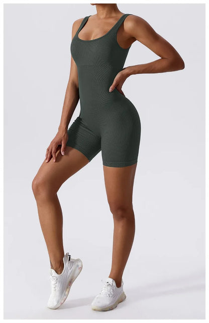 Women's Yoga Rompers One Piece Tummy Control Seamless Ribbed Jumpsuit Padded Sports Bra Workout Romper Fashion Fitness Sportwear