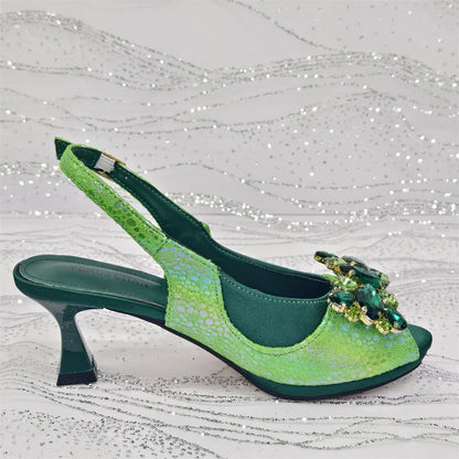 Rhinestone Design African Shoes & Bag Set in Green – Open Toe Comfortable Women's Heels
