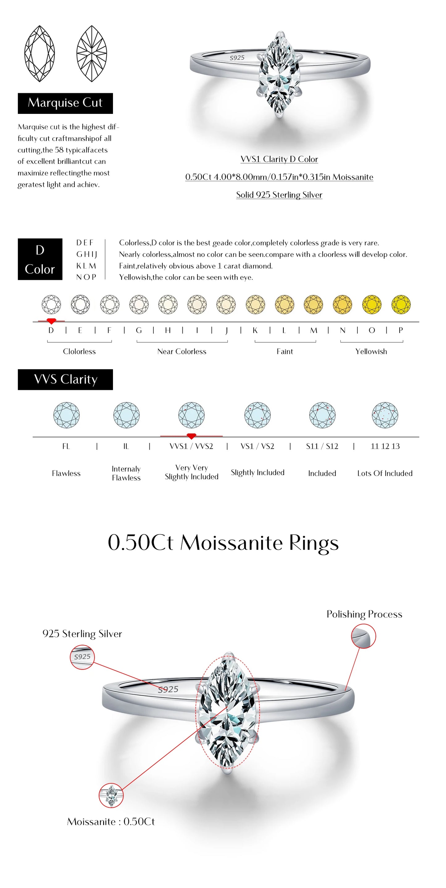 D Color Marquise Cut Rhombic Moissanite 925 Sterling Silver Luxury  Band Rings For Women Wedding Fine Jewelry Gifts